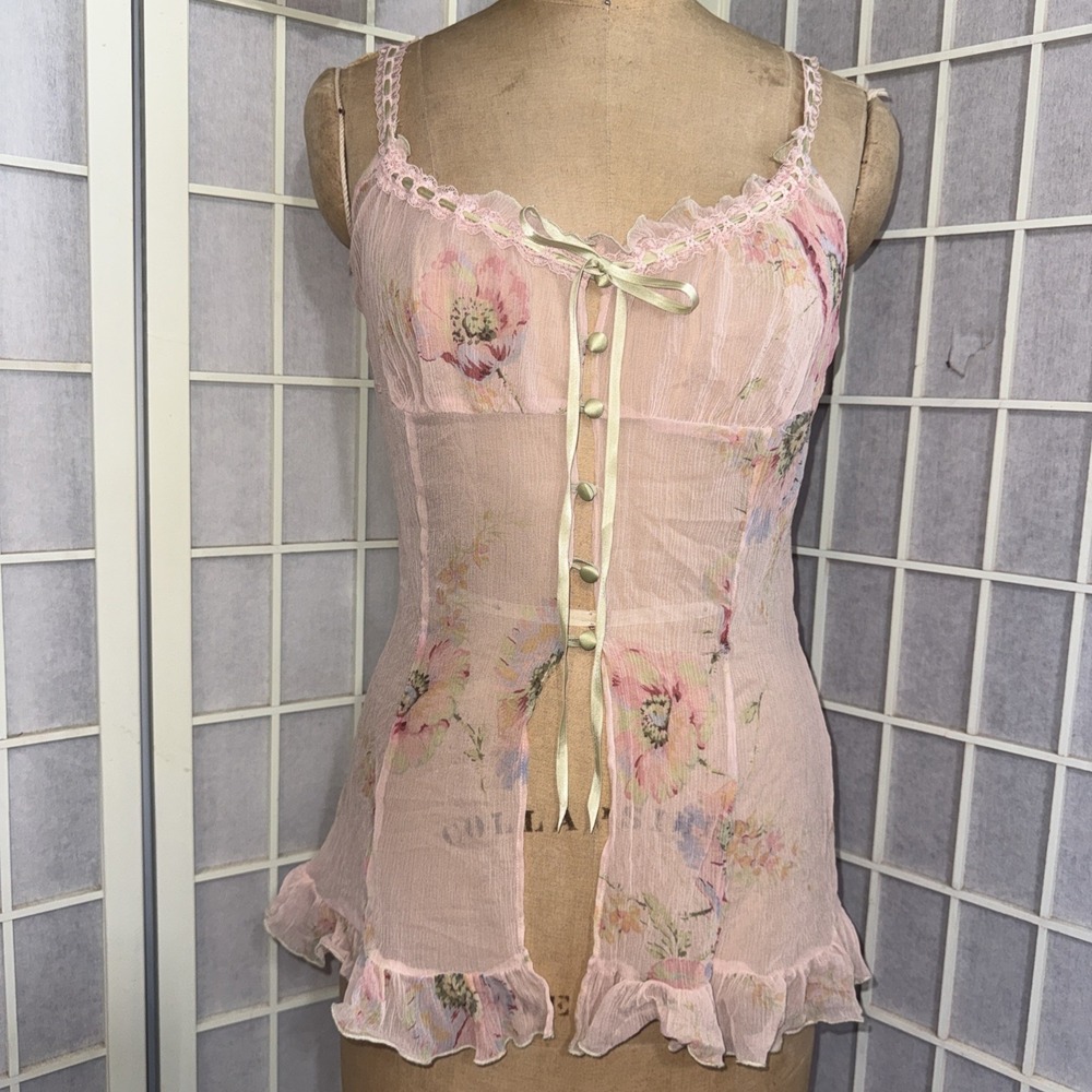 Vtg Y2K Victoria's Secret 100% Silk Set Floral Milkmaid Babydoll Chemise Slip S - Picture 2 of 16